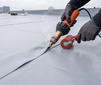 Kunststoff-Dachbahn (PVC/FPO) wird auf dem Flachdach heißluftverschweißt